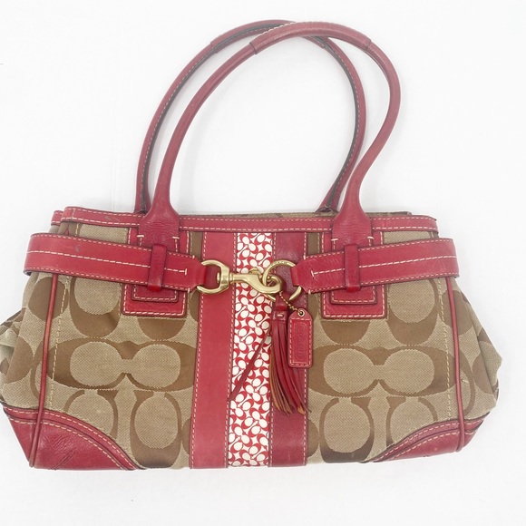 Coach Handbags - COACH I Carryall Hampton Red Signature Canvas and Leather Medium Satchel